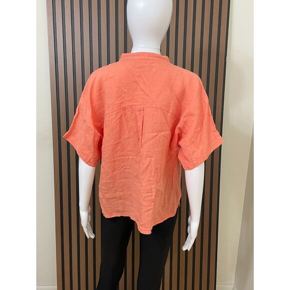 Eileen Fisher Women's M Orange Button-Up 100% Linen Tunic Shirt Mandarin Collar - Picture 2 of 7